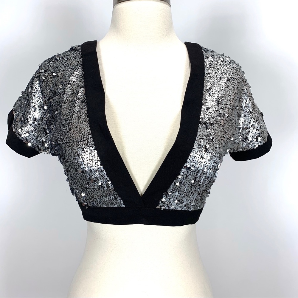 Superdown Revolve silver sequin crop top cutout XS